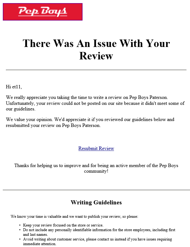 Image:Pep Boys does not publish negative review